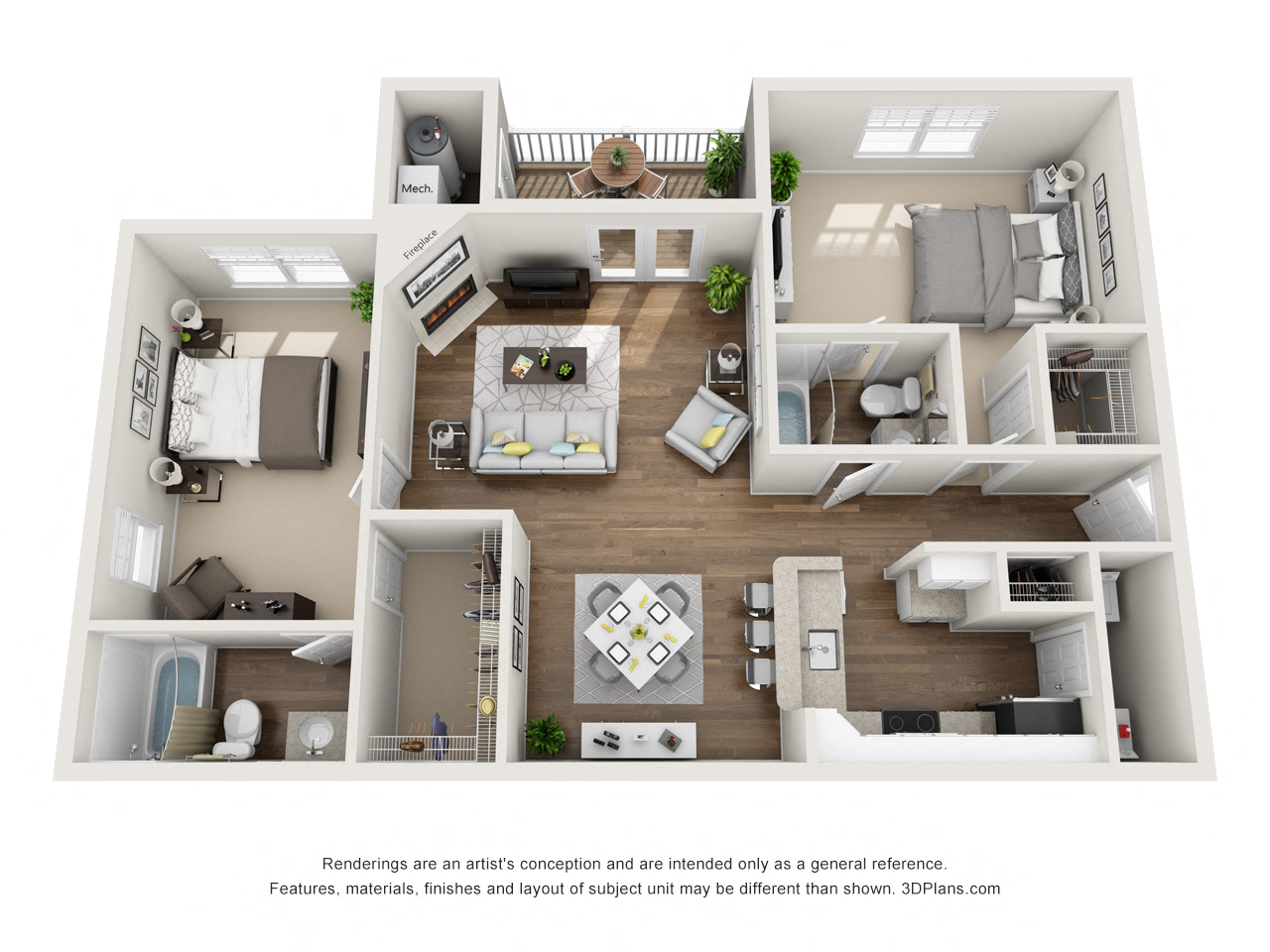 Floor plan for 2 beds, 2 baths, 1199 sqft